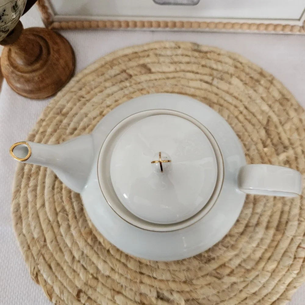 70s Pegasus Fine Porcelain Teapot White Gold Black Floral Trim‎ Elegant Serving